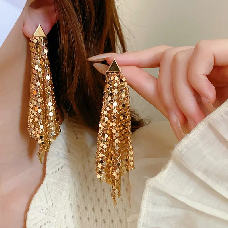 Gold Color Triangle Geometric Glitter Tassel Dangle Earrings for Women Europe and America Personality Exaggerated Charms Jewelry