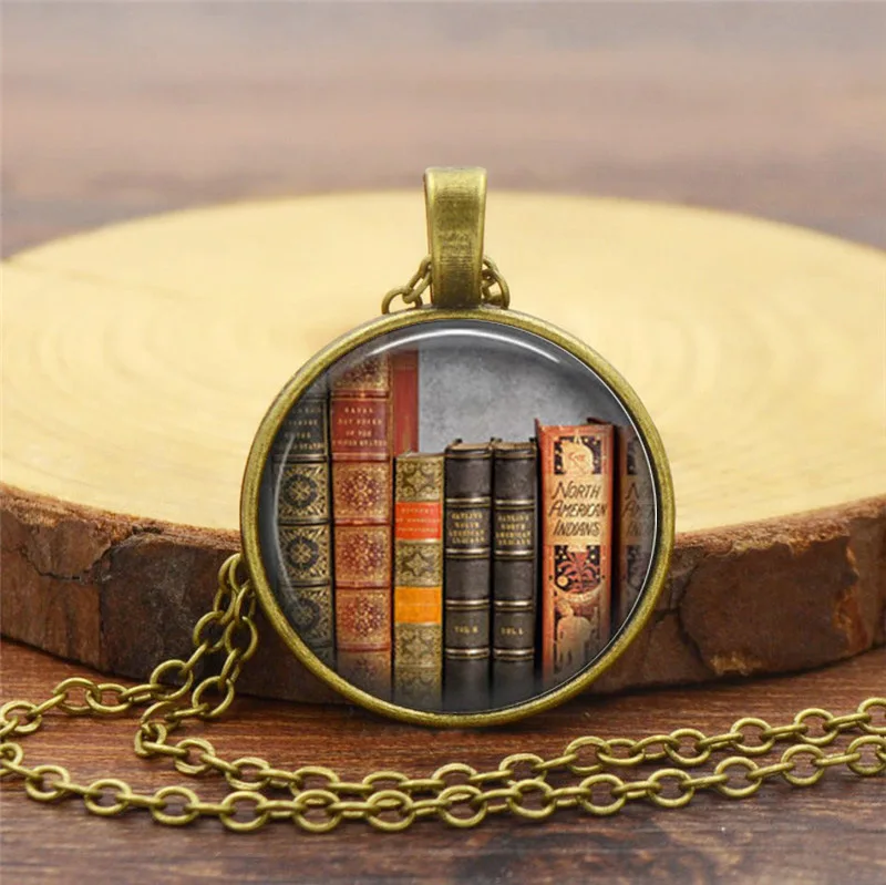 Vintage Library Book Necklace Women's Versatile Accessories Alloy Glass Pendant Sweater Chain Wholesale