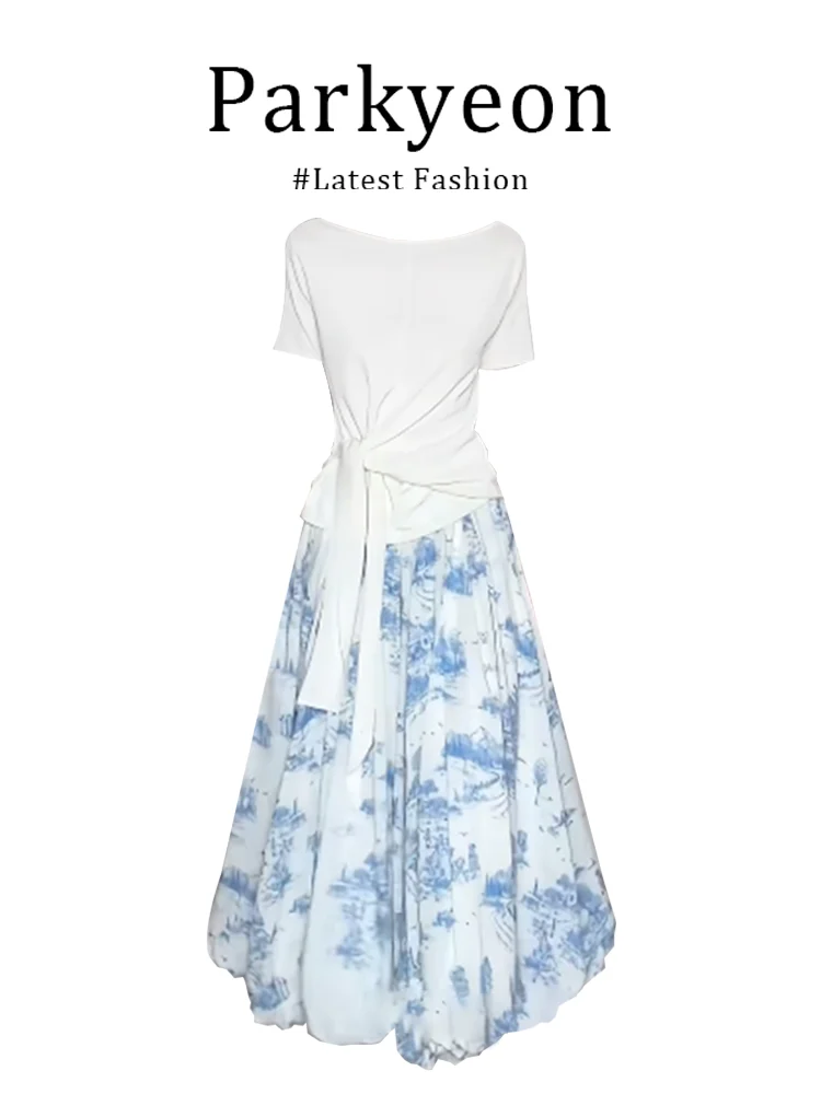 Summer Design Sense T-Shirt Short Sleeve Print Belted Chinese Style Half Skirt Set Women's Fashionable Two-Piece round Neck F...