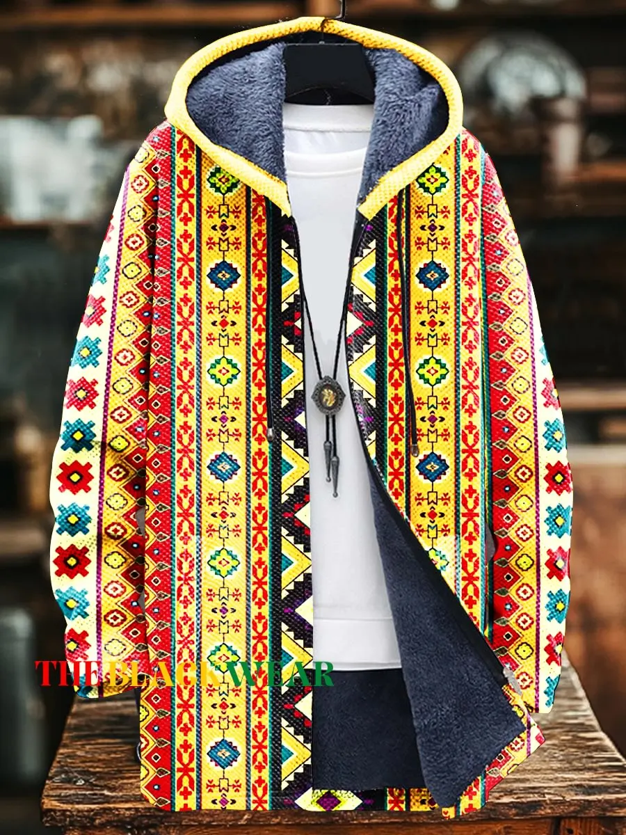 Abstract Art Geometric Color Block Art Print Unisex Plush Thick Long-Sleeved Cardigan Coat Hoodies Fleece Lined Zipper Coats