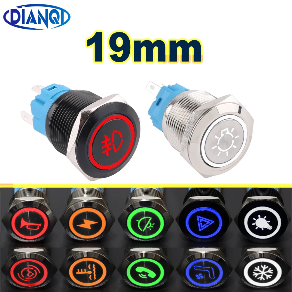 

19mm Waterproof Metal Push Button Switch Oxide Black Laser Custom Icon Latching Momentary 12V 220V 5V Motorcycle Switch RingBell