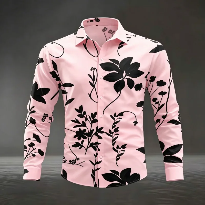 2026  Men's Floral Leaf Print Long Sleeve Shirt Fashion Slim Fit Button Down Casual Blouse Tops
