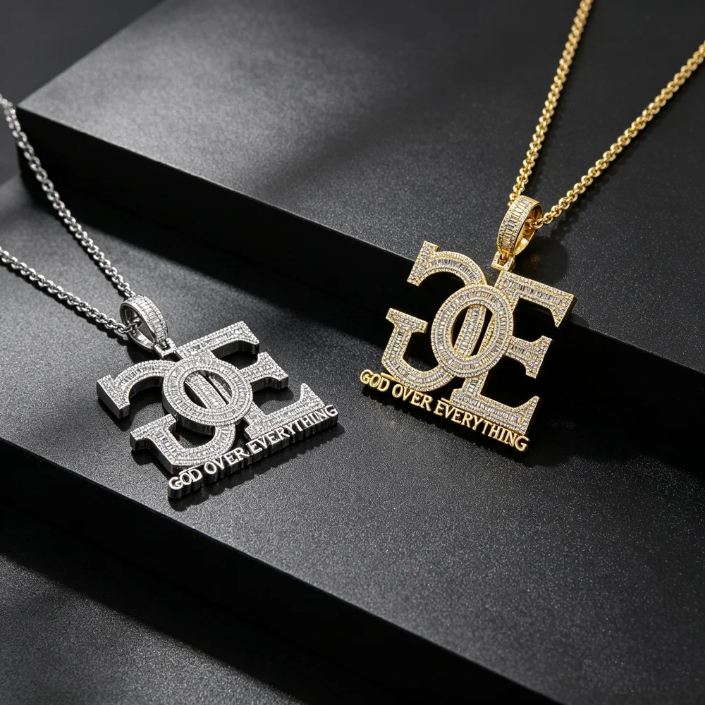 Fashionable ice out GOE letter pendant necklace rectangular and circular CZ paving charm men's hip-hop rope chain party jewelry