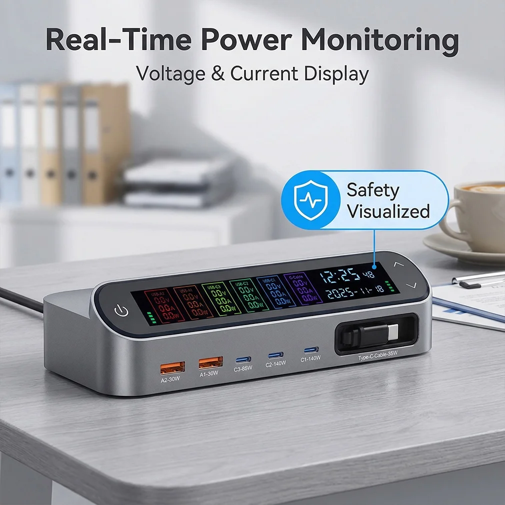 Multi Port 470W/405W LCD Display Screen GAN Fast Charger 140W Type C Desktop Charging With 65W Scalable Cable Dropshipping