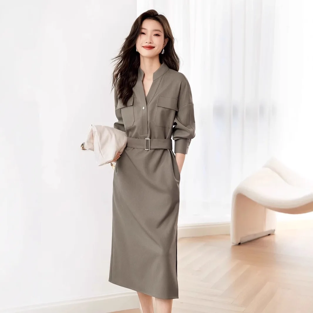 Retro minimalista com decote em v assimetria lado fenda camisa vestidos para feminino chique luxo high-streetslim vestido primavera outono roupas