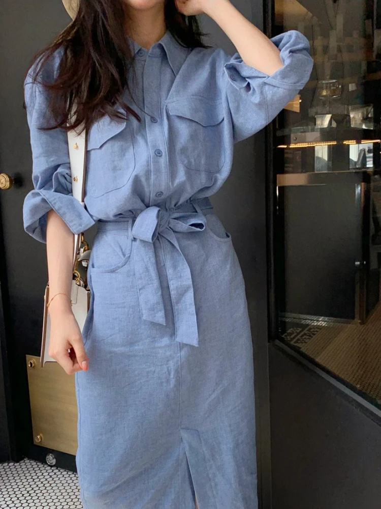 Dress Women Spring Summer Dress Woman 2023 Trendy New In Dresses French Solid Color Lapel Shirt Style Single Breasted Long Top