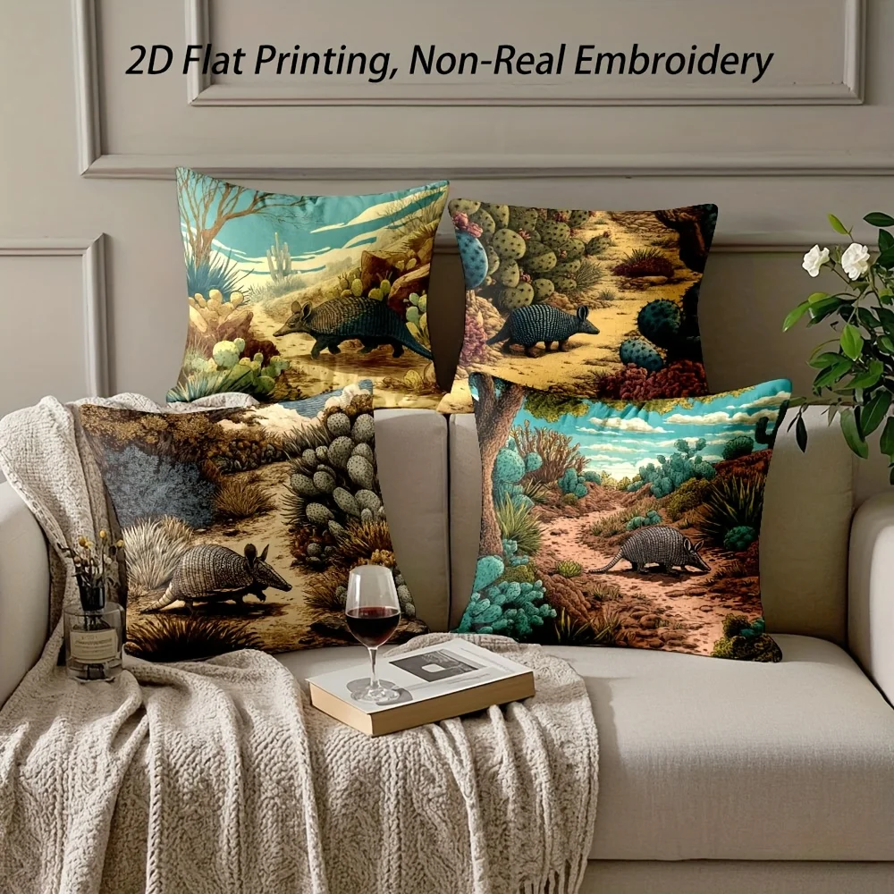 4PC Dinosaur Scene Throw Pillow Covers 2D Flat Printing and Non Real Embroidery Boho Desert Wildlife Decor