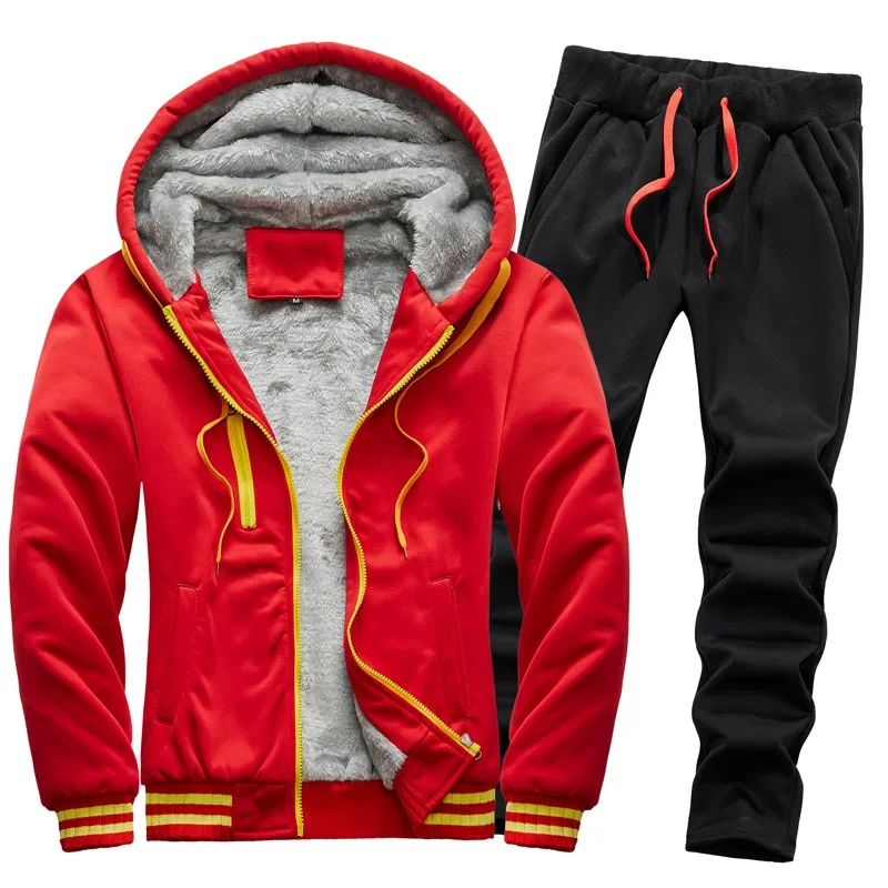 Immagine 4: Completi da uomo invernali, giacca calda e spessa con cerniera e cappuccio, felpa con cappuccio e pantaloni, abbigliamento sportivo di marca, capo casual in pile, felpa con cappuccio.