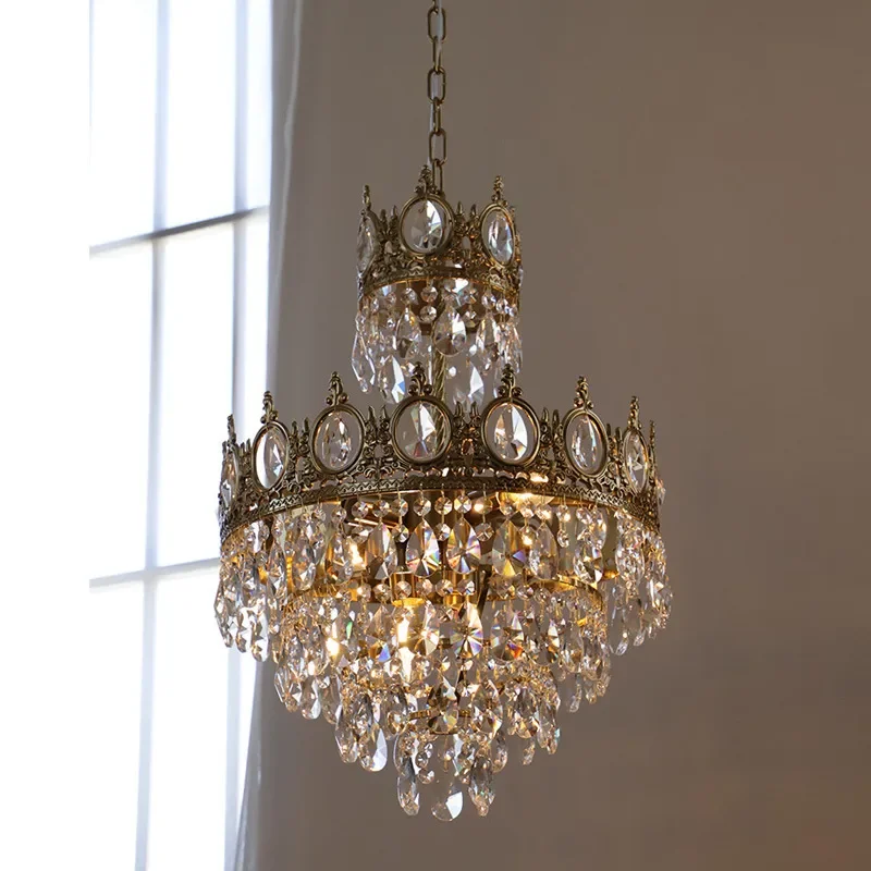 French Court All-copper Crystal Small Chandelier Living Room Bedroom Bedside Crown Dining Room Aisle European Hanging Lamp