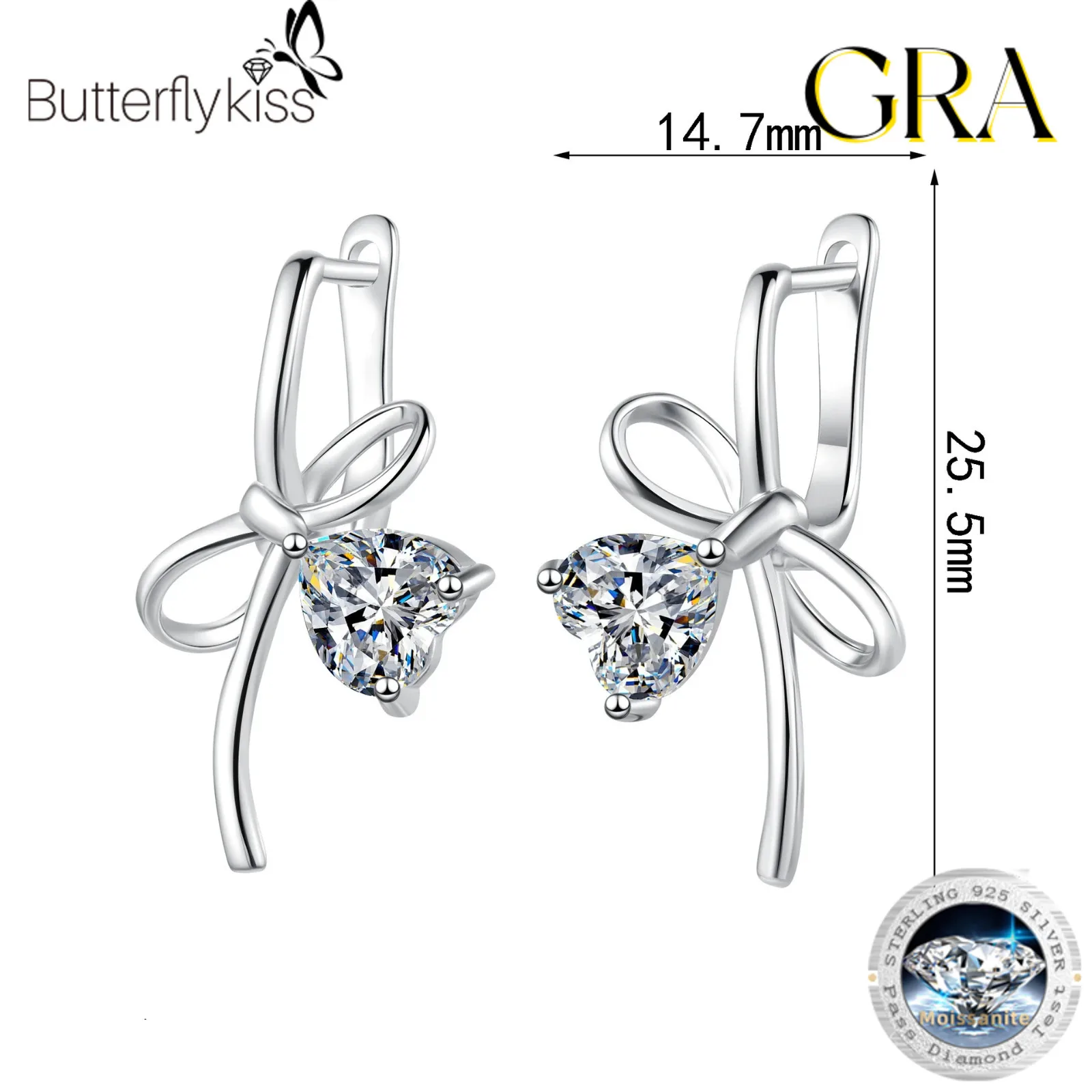 

Butterflykiss 1CT Heart Shaped Moissanite Earrings S925 Sterling Silver Bow Knot Love Ear Clasps Fresh & Sweet Jewelry For Girls