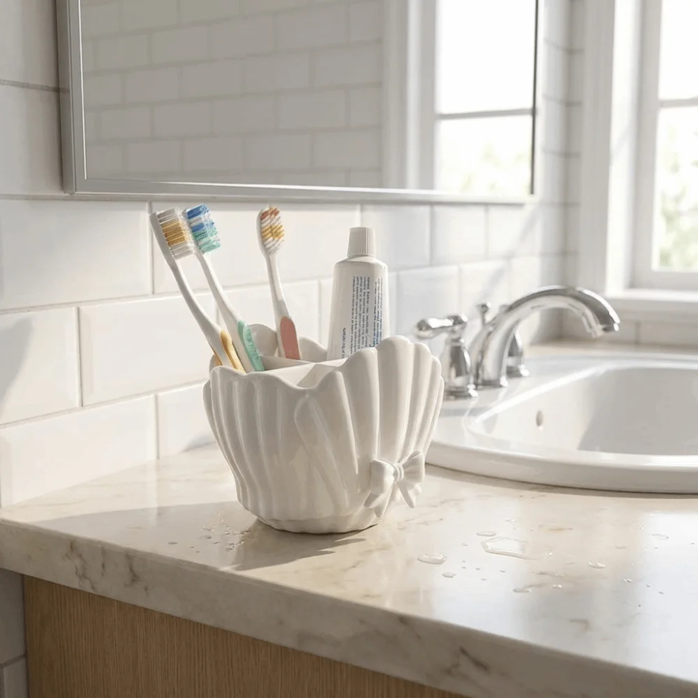 3D Printed Shell Shaped Toothbrush Holder Four-Compartment Bow Lace Desktop Storage Box Shell Shaped Decorative Toothbrush Rack