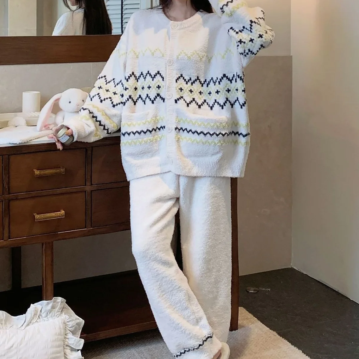 Yellow Winter Sweet Girls Half Thick Round Neck Korean Pajamas Cardigan and Pants Women's Sense Lazy Home Clothes