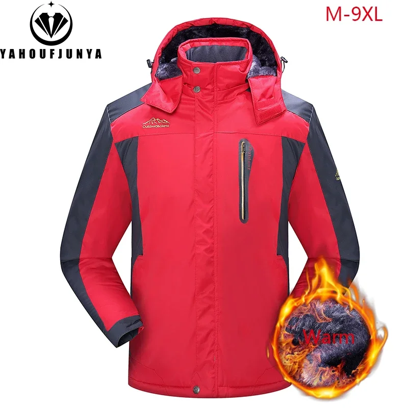 9XL New Winter Men Outwear Fleece Warm Removable Hooded Jacket Men Outdoor Skiing Windbreaker Waterproof Casual Jacket Coat Male