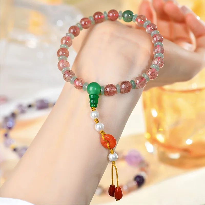 Lucky 2026 Luxury Natural Crystal Strawberry Crystal Aventurine New Chinese Style Retro Temple Bracelet Handstring Handheld Fine