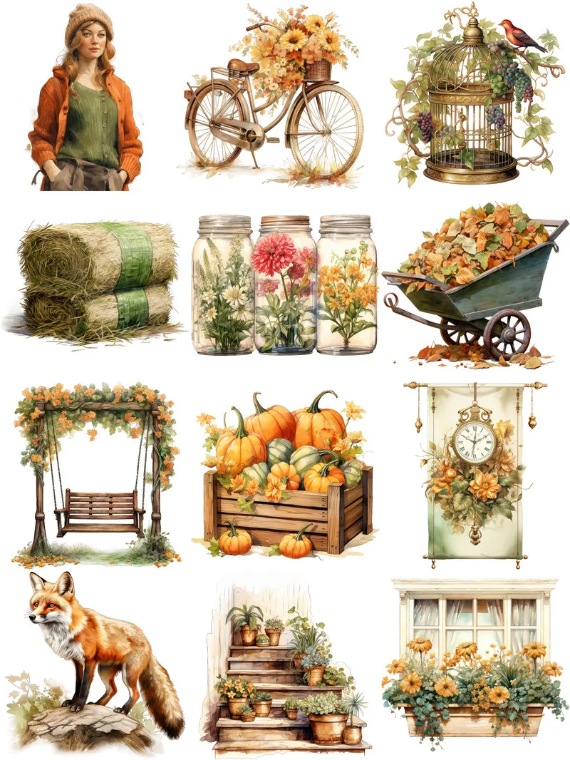 12Pcs/Pack Autumn Fox Girl Sticker DIY Craft Scrapbooking Album Junk Journal Decorative Stickers