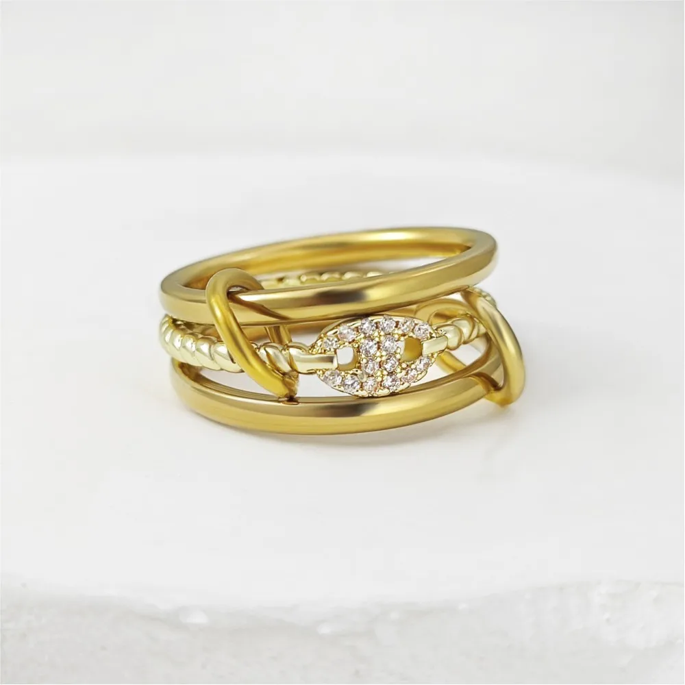Gold Color Stainless Steel Spinelli Kilcollin Rings Set For Women Light Luxury Iced Out Multi Layers Ring Fashion Finger Jewelry - view 6