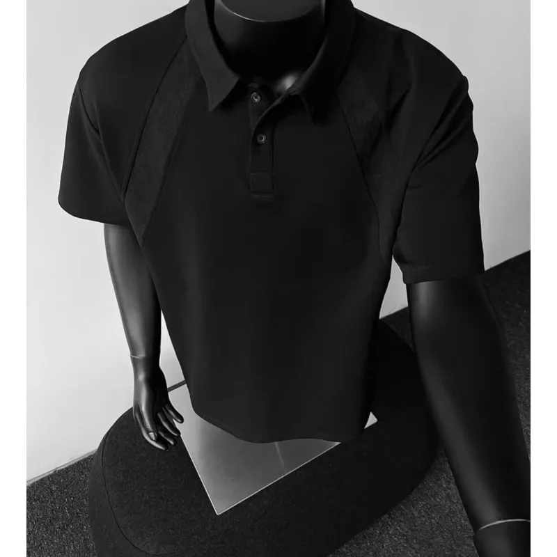 Off-the-shoulder Short-sleeved Polo Shirt for Men Summer Heavyweight Teenagers Lapel Shoulder Snap Five-quarter Sleeve Top Trend
