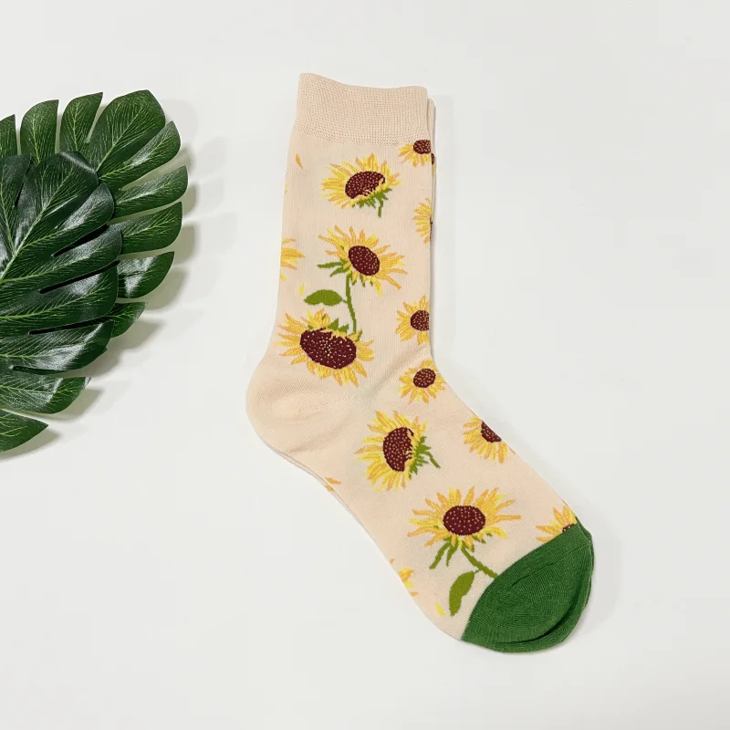 1 Pair Oil Painting Sunflower Full Print, Comfortable Fashionable Women's Mid-calf Socks For All Seasons Wearing