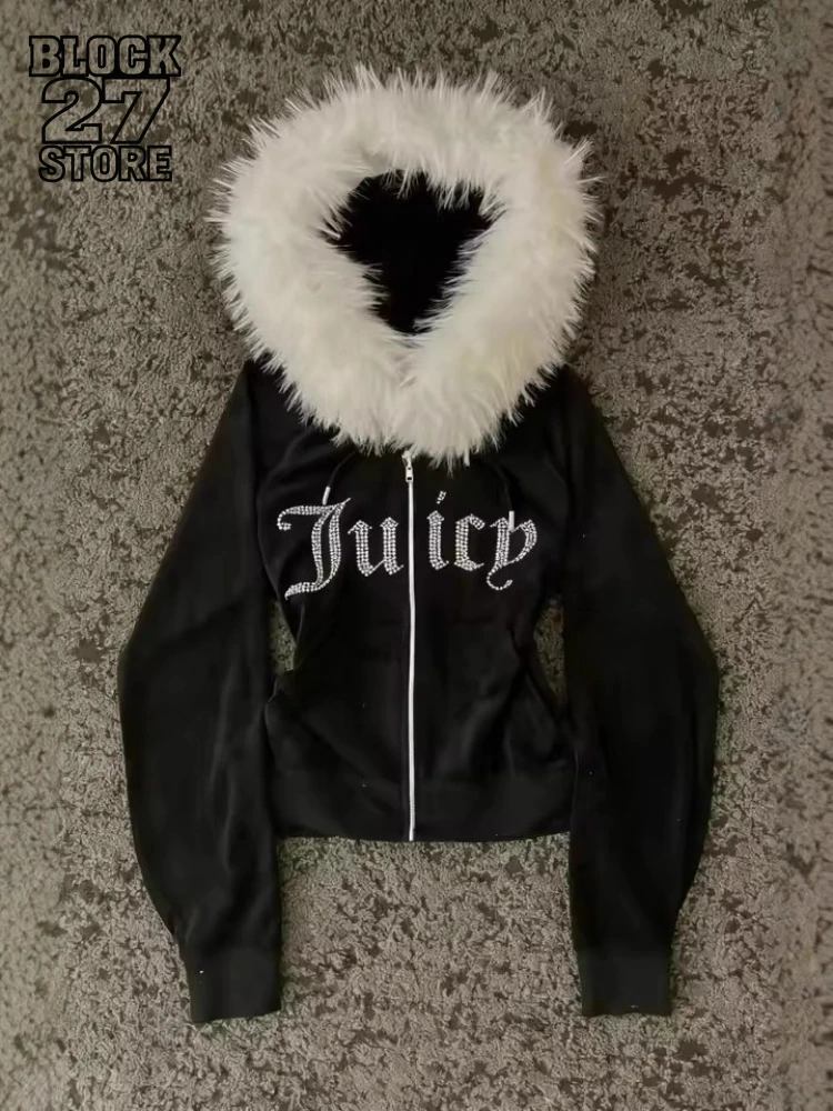 Zip Up Hoodie Men Vintage Streetwear Letter Rhinestone Design Plush Sweatshirt Retro Velvet Cardigan Jacket Casual New Fashion
