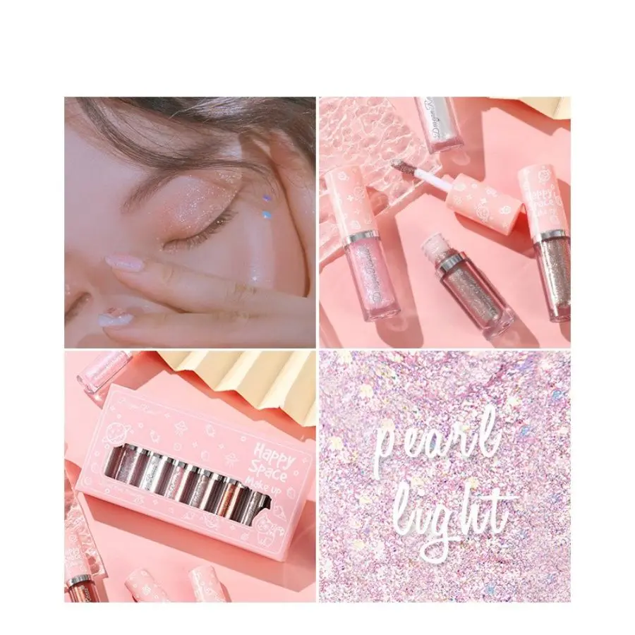 Liquid Eyeshadow Eight-Piece Set Box with Dazzling Shimmer, Fine Glitter, Bright Crystal Pearl Shimmer, High-Gloss Highlighter, Brightening and