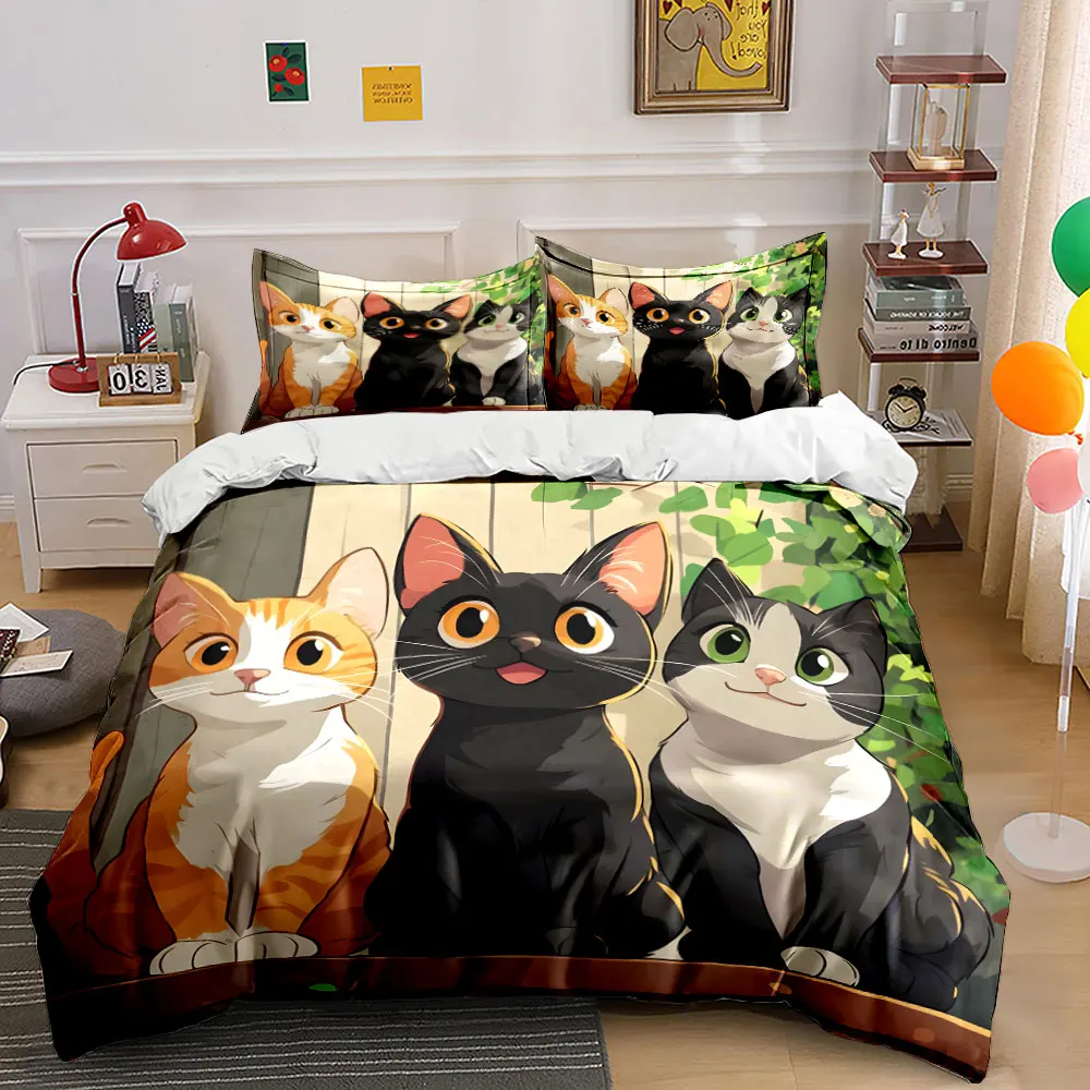Three adorable colorful cats Bedding Set for Kids Luxury Gift 3pcs Digital Print Comforter Set Soft Comfortable Breathable