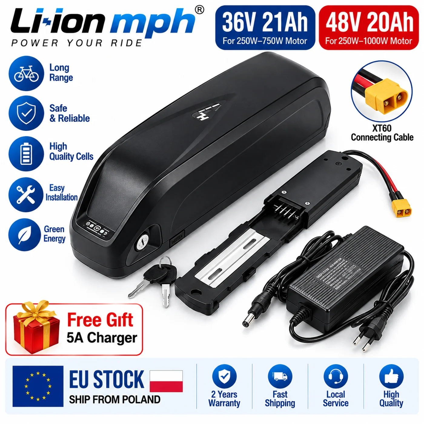 Batteria Li-ion MPH Hailong per E-Bike 36V 21Ah 48V 20Ah Batteria al Litio con Caricabatterie 5A per Bicicletta Elettrica 250W 500W 750W 1000W Disponibile in Magazzino UE Polonia
