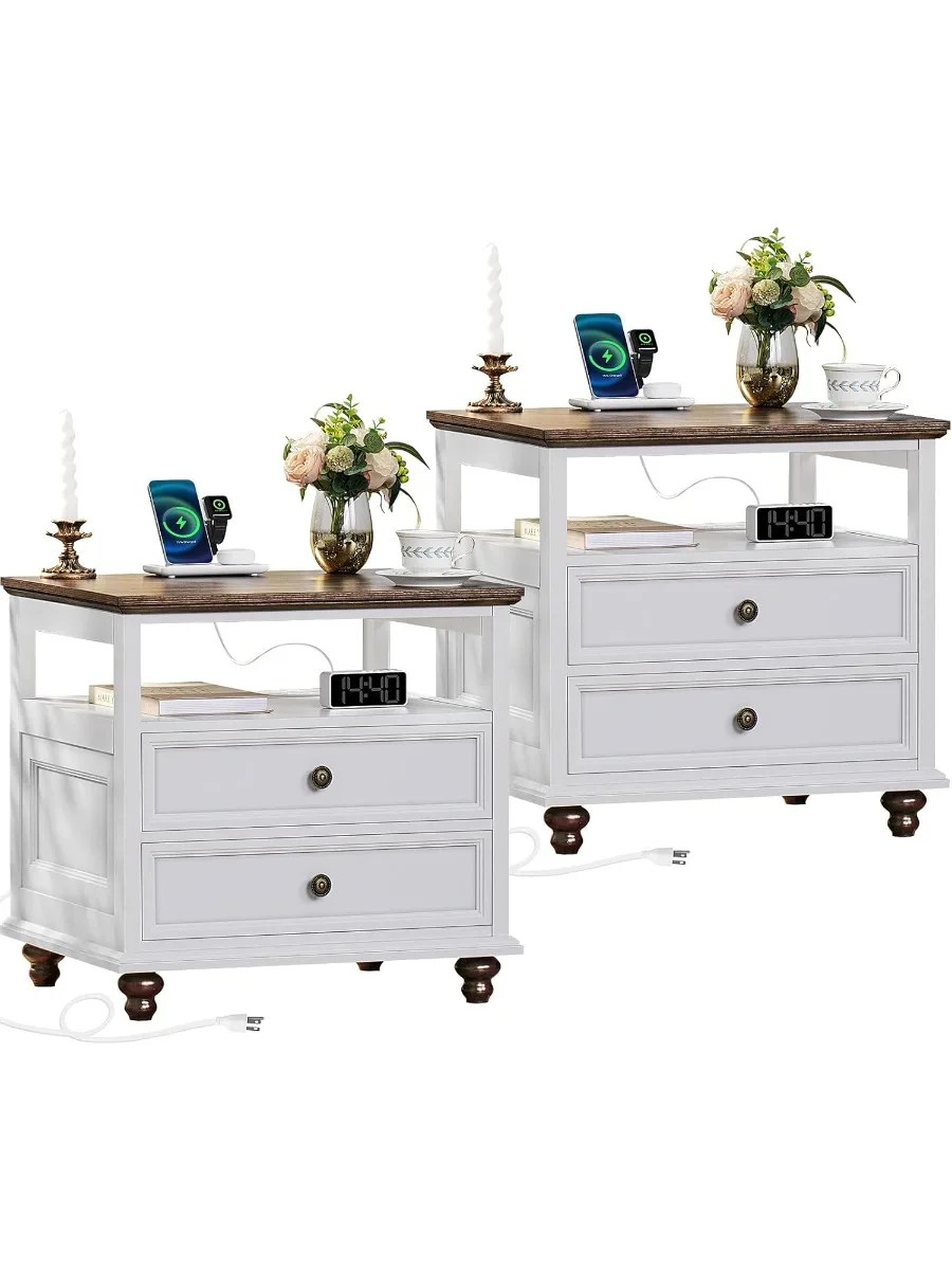 Farmhouse Nightstand Set of 2 with Charging Station, 24