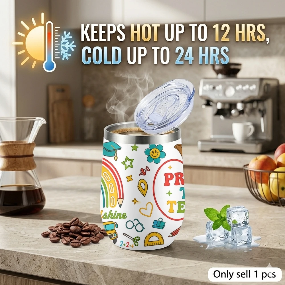 Cute Teach Inspire Art Vacuum Flasks 12oz Eggshell Cup With Lid Portable Coffee Cups Travel Household Office Drinking Mug