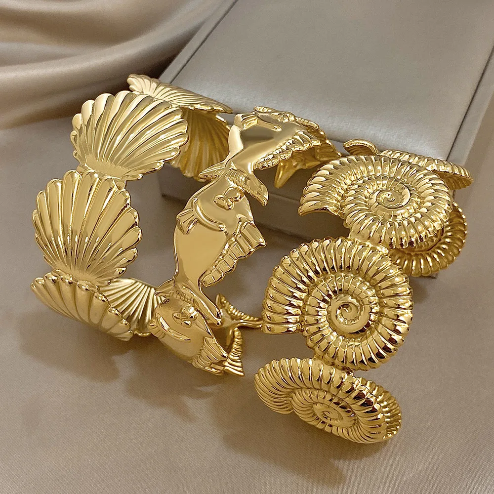 Mode Gold Farbe Edelstahl Offene Armband für Frauen Übertrieben Fisch Muschel Shell Chunky Armreif Armbänder Strand Schmuck