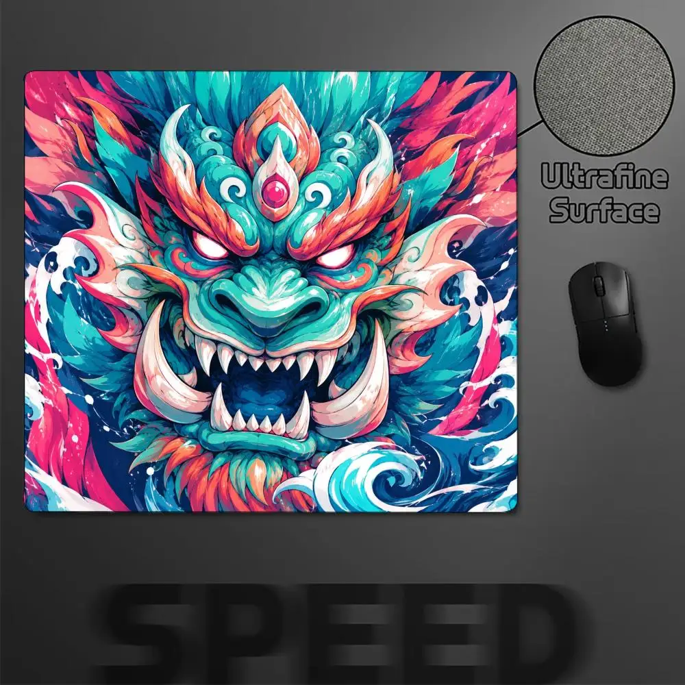 Gaming Mouse Pad 18x22 40x45 Chinese Guardian Lion Art Non Slip Rubber Base Stitched Edge Keyboard Mat For Laptop Gaming Table