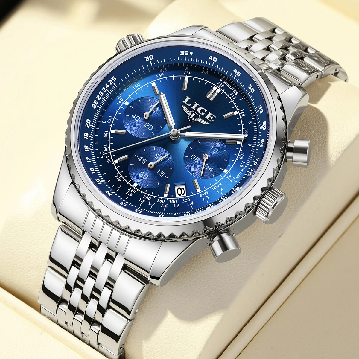 

LIGE 2025 luxury men's watch waterproof luminous calendar chronograph clock business stainless steel quartz wristwatch reloj+BOX