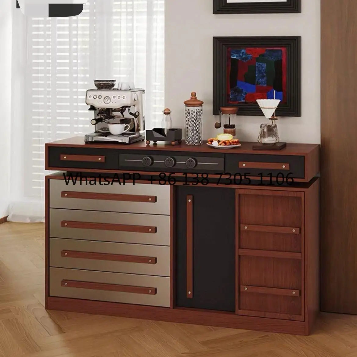 

Double-layer dining side cabinet Multifunctional solid wood against the wall Living room coffee bar integrated cabinet