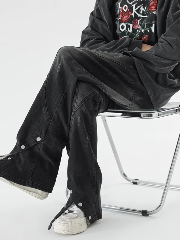 

Мужские джинсы с высокой талией, прямым кроем, на пуговицах, с разрезами, модные, в американском уличном стиле, удобные для высоких, с легким расклешением