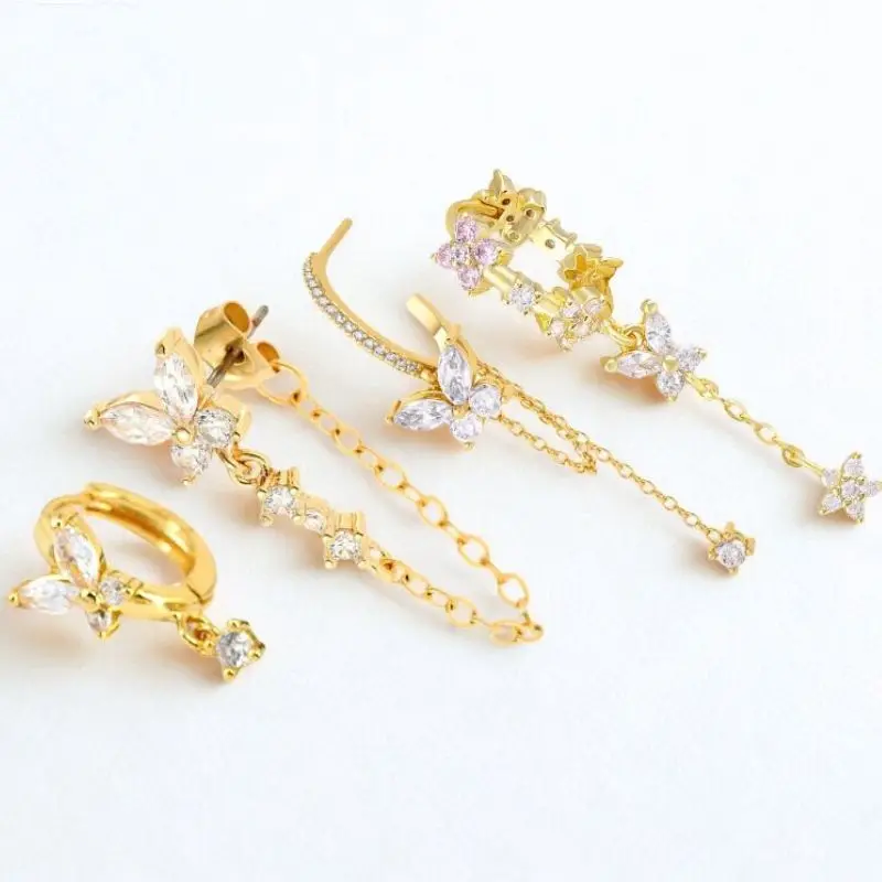 925 Sterling Silver ear Needles Butterfly Flower White Zircon Light Luxury Drop Earrings For Women High-end Wedding Jewelry Gift