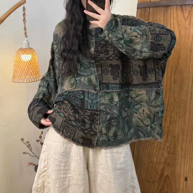 

Autumn New Arts Style Women Batwing Sleeve O-neck Tshirt 100% Cotton Vintage Print Patchwork Design Tee Shirt Femme Tops TH79