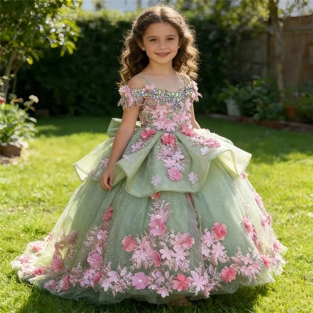 Custom Luxury Flower Girl Dress Wedding Birthday Party Pageant Catwalk Off Shoulder 3D Floral Two Layer Mint Green Kids Ball Gow