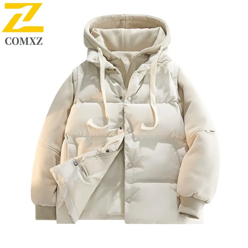 COMXZ 2025 Winter Mens Two Piece Style Thick Puffer Jacket Loose Fit Hooded Short Coat Fashion Outwear Long sleeve windbreaker
