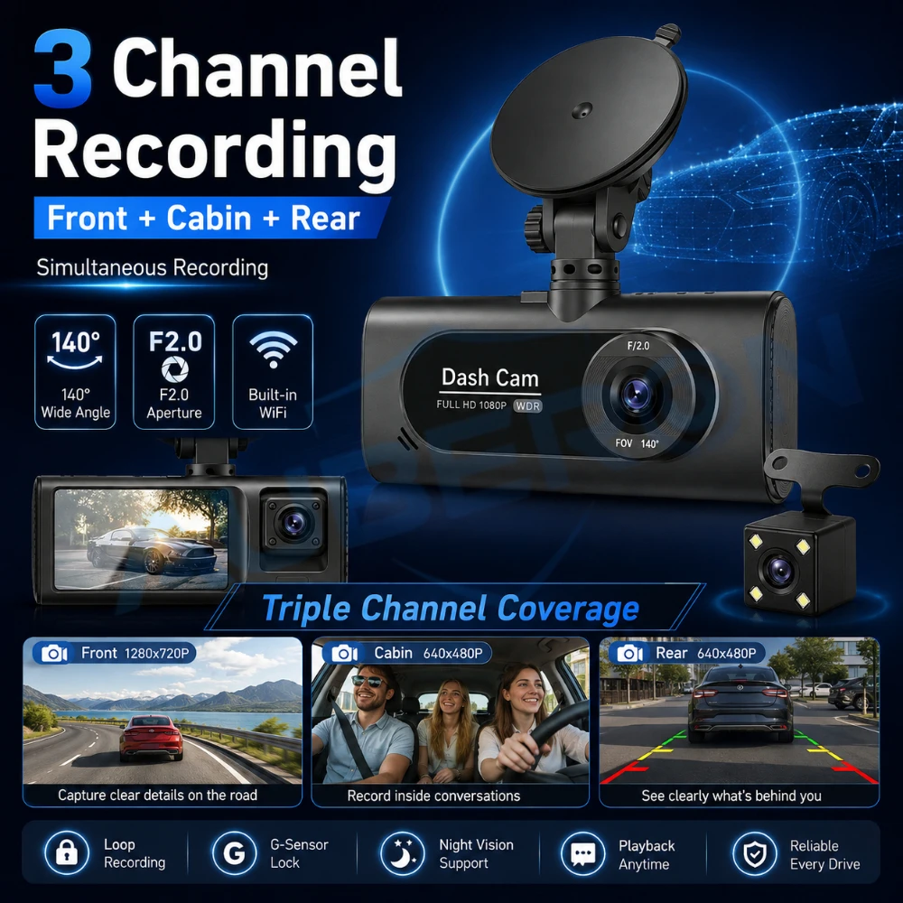 1080P 3 Channel Dash Cam Car Camera Recorder Front Cabin Rear View WiFi DVRs WDR G Sensor Loop Recording Reverse Camera Security