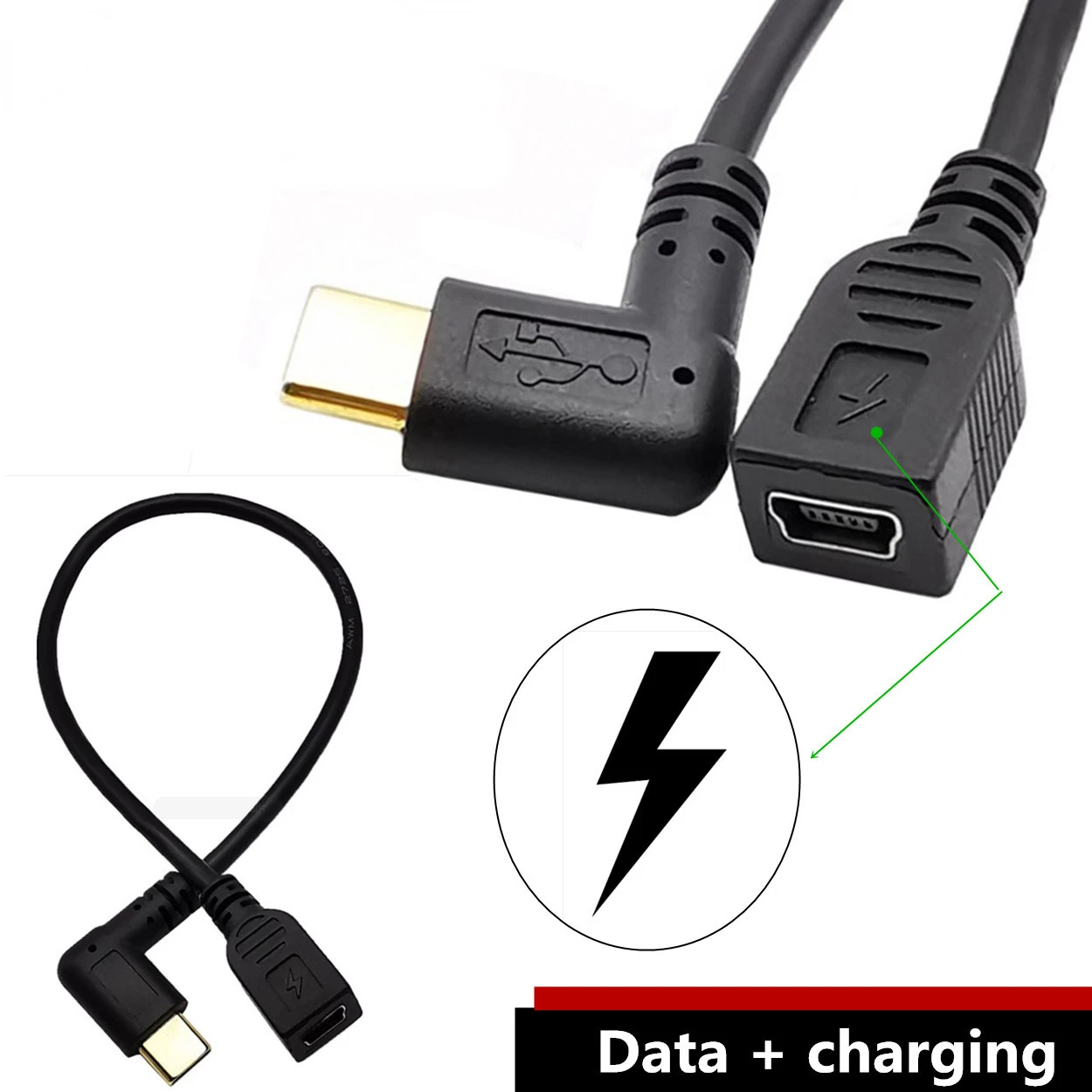 Droite/Gauche Angle USB-C Câble De Charge, Duttek USB 3.1 Type C Mâle À Micro USB OTG et Mini USB Femelle Convertisseur de Données Câble 25cm