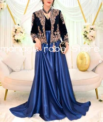 Navy Blue Velvet Morocca Caftan Prom Dresses Two Pieces Appliquie Karakou algérien Albanian Evening Gown Outfit 2025