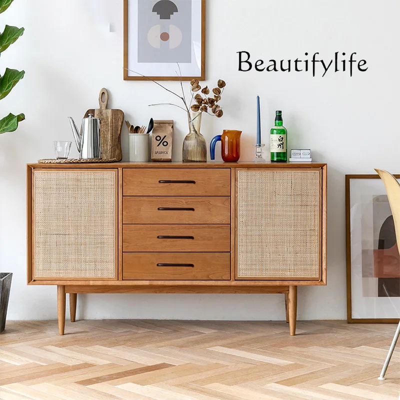 

Japanese-Style Solid Wood Rattan Sideboard Cabinet Entrance Cabinet Hallway Simple Modern Storage Wall Cabinet