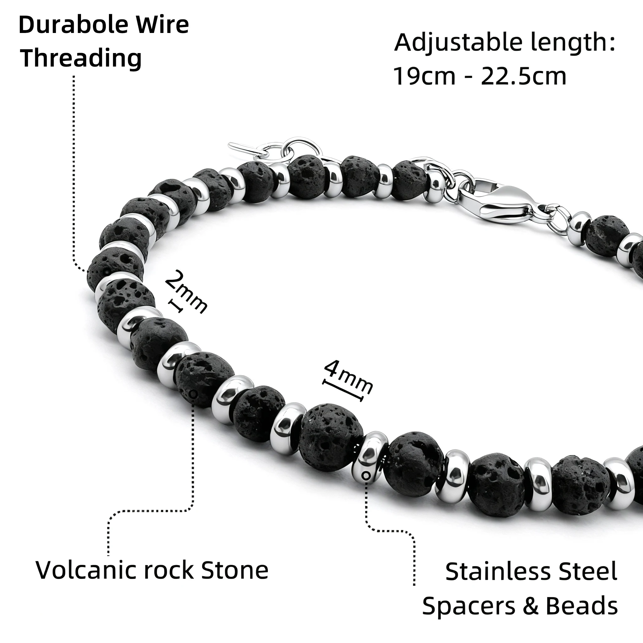 Men\'s Black Natural Volcanic Lava Stone Beads Necklace with Adjustable Stainless Steel Ring 22cm Runda Handmade Jewelry