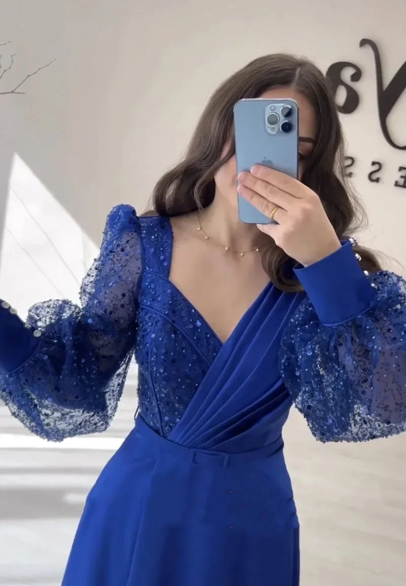 Charming Royal Blue A-Line Prom Dresses V-Neck Long Sleeve Evening Dress Formal Occasion Ladies Gown Vestidos De Fiesta