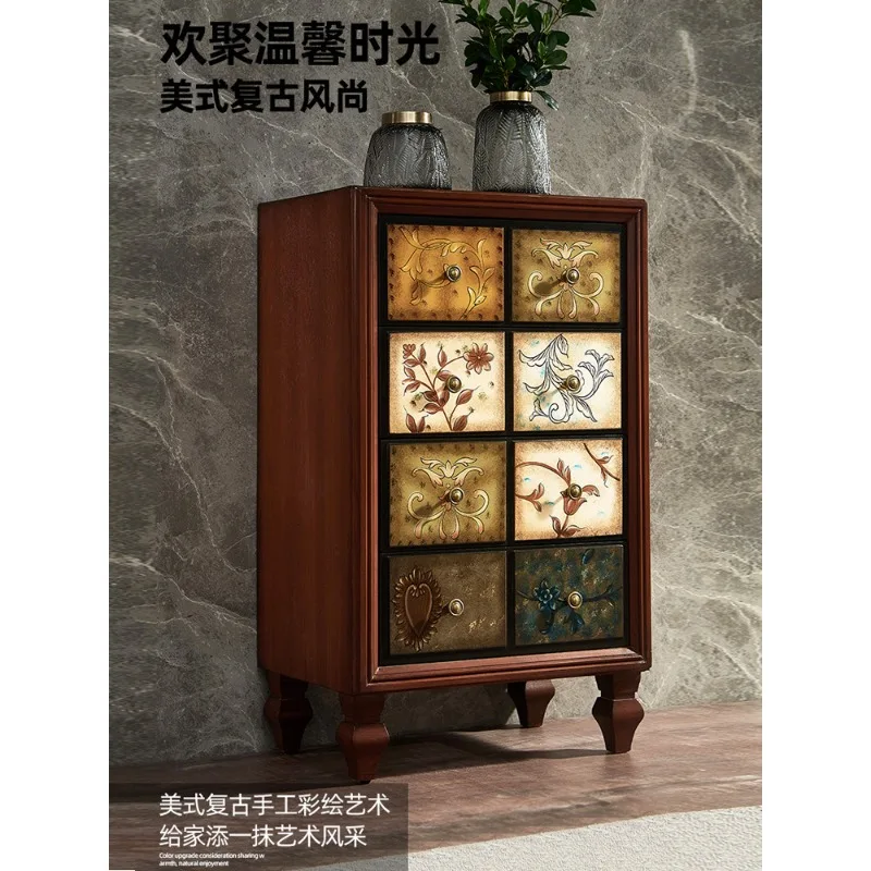 American furniture four-chest cabinet solid wood drawer storage cabinet living room storage side cabinet retro painting