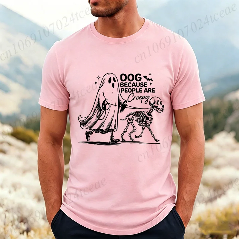 Dog Because People Are Creepy Print Men's T-Shirts Halloween Ghost Dog Shirts Skeleton Dog Tee Clothes Retro Spooky Season Tees
