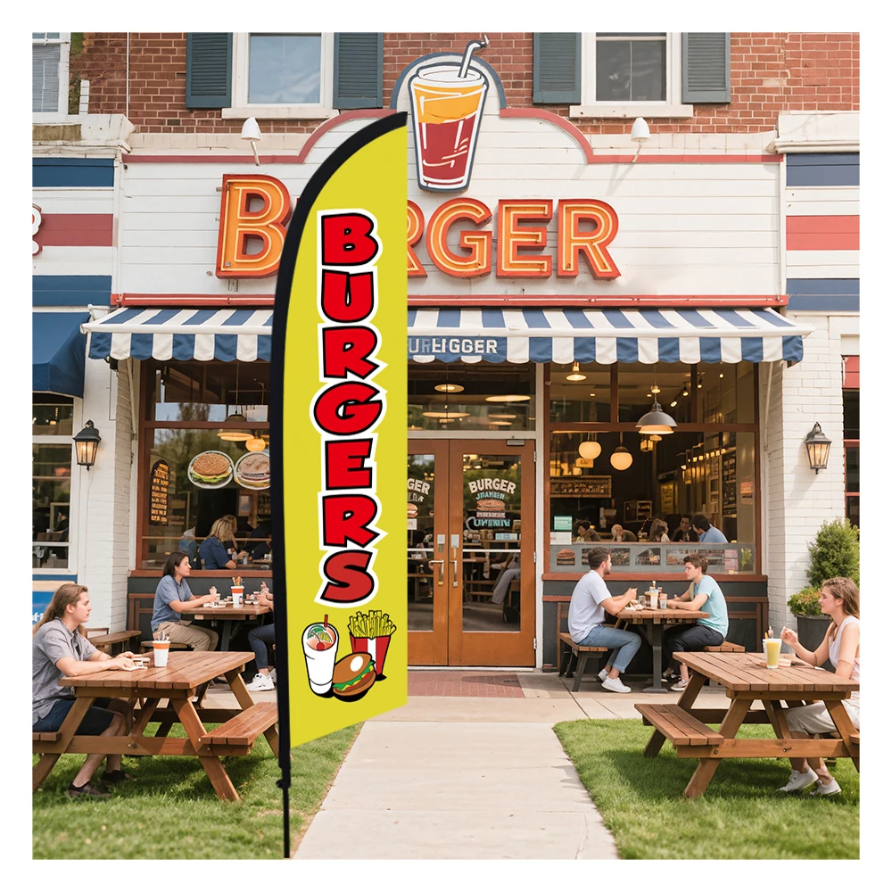 

BURGERS French Fries Beverage Feather Flag with Flagpole Outdoor Banner Decoration Advertising Sign for Shop And Studio