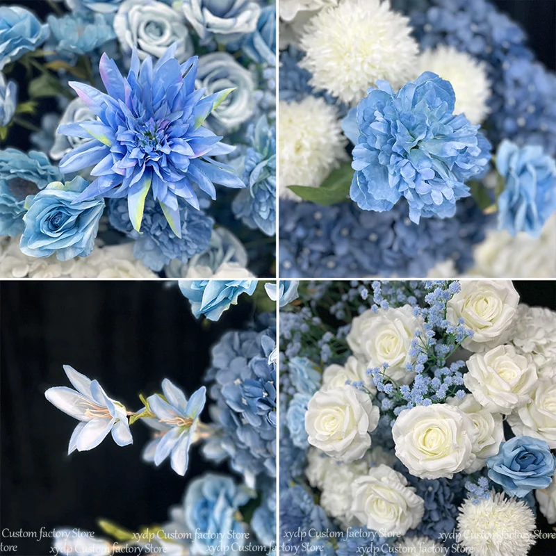 Blaue und weiße künstliche Blumen, KT-Board-Hintergrund, Seidenrosen, Hortensien, Blumenarrangement, Hochzeitstorten-Tisch, Blumen-Event-Party-Deko – Detail 5