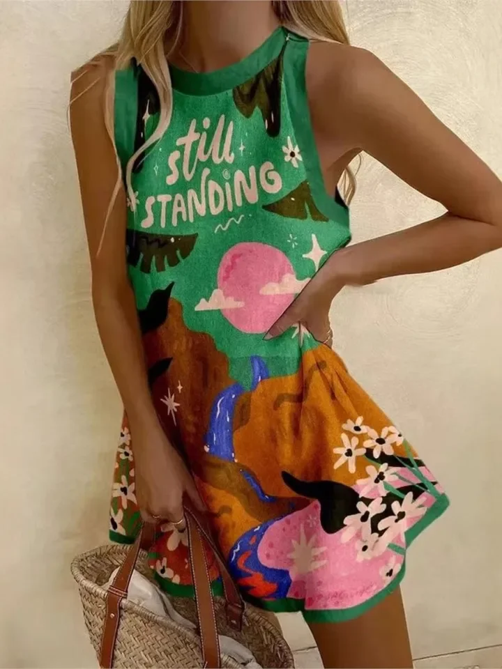 Neue Frühling Sommer frauen Kleider Rundhals Ärmellose Beiläufige Lose Druck Kleider Für Frauen Weibliche T-shirt 2025