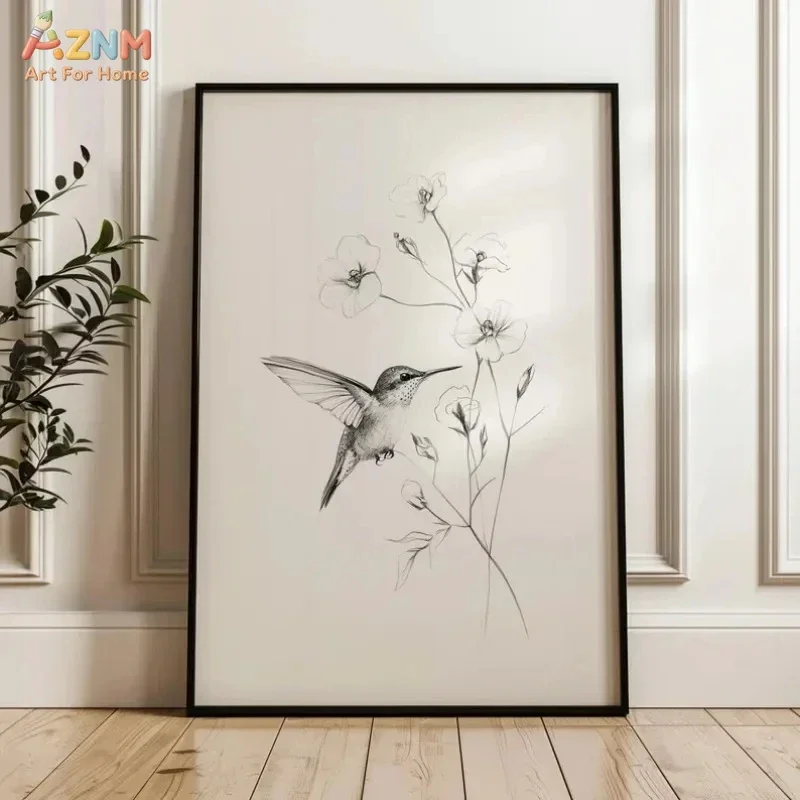 AZNM Vintage Hummingbird Sketch Canvas Wall Art, Neutral Beige Botanical Floral Bird Pencil Drawing Illustration Print, Frameles