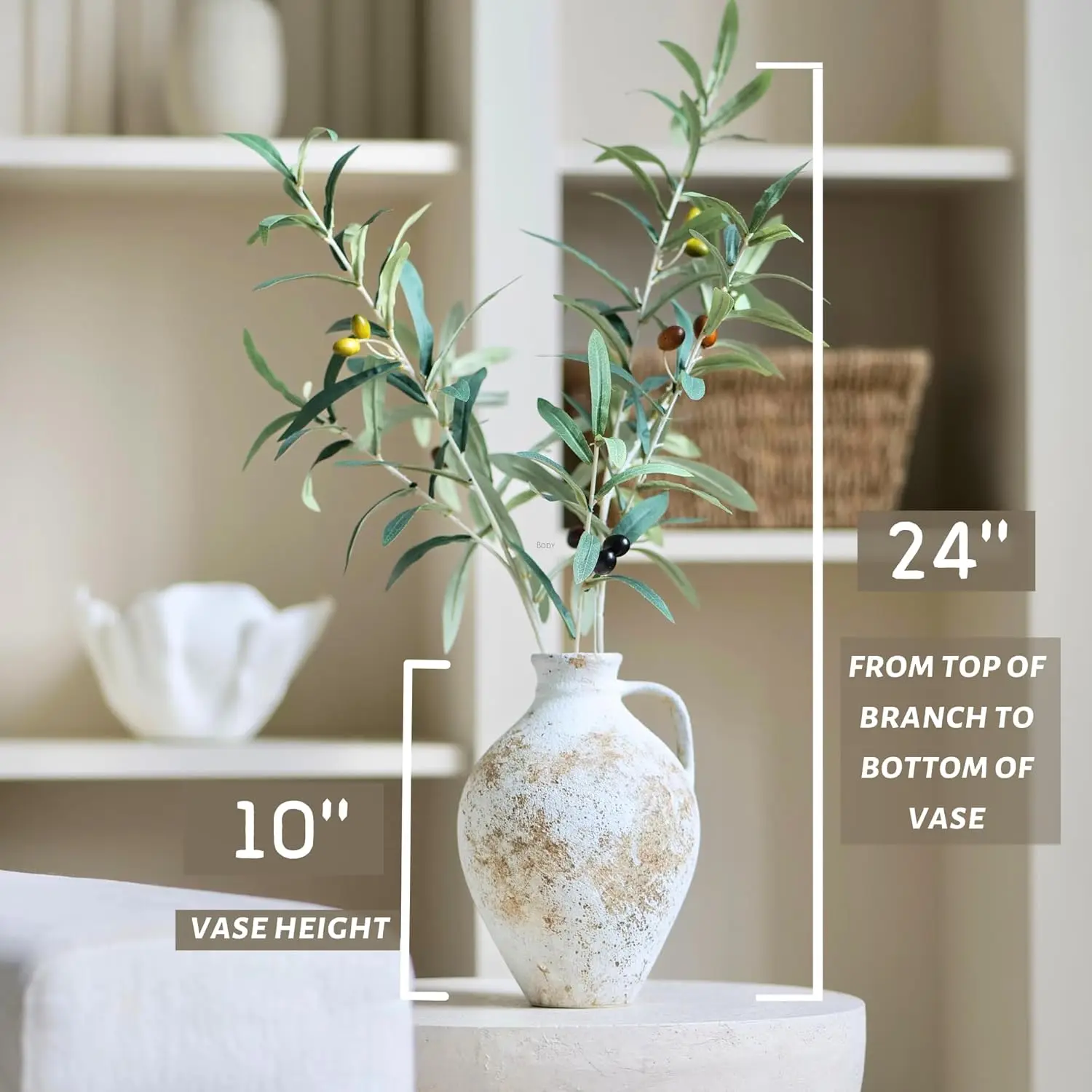 Inch Rustic White Vase - 24 Inch Olive Branches for Vase Included - Large Ceramic Vase for Fake Plants Decor - Beau